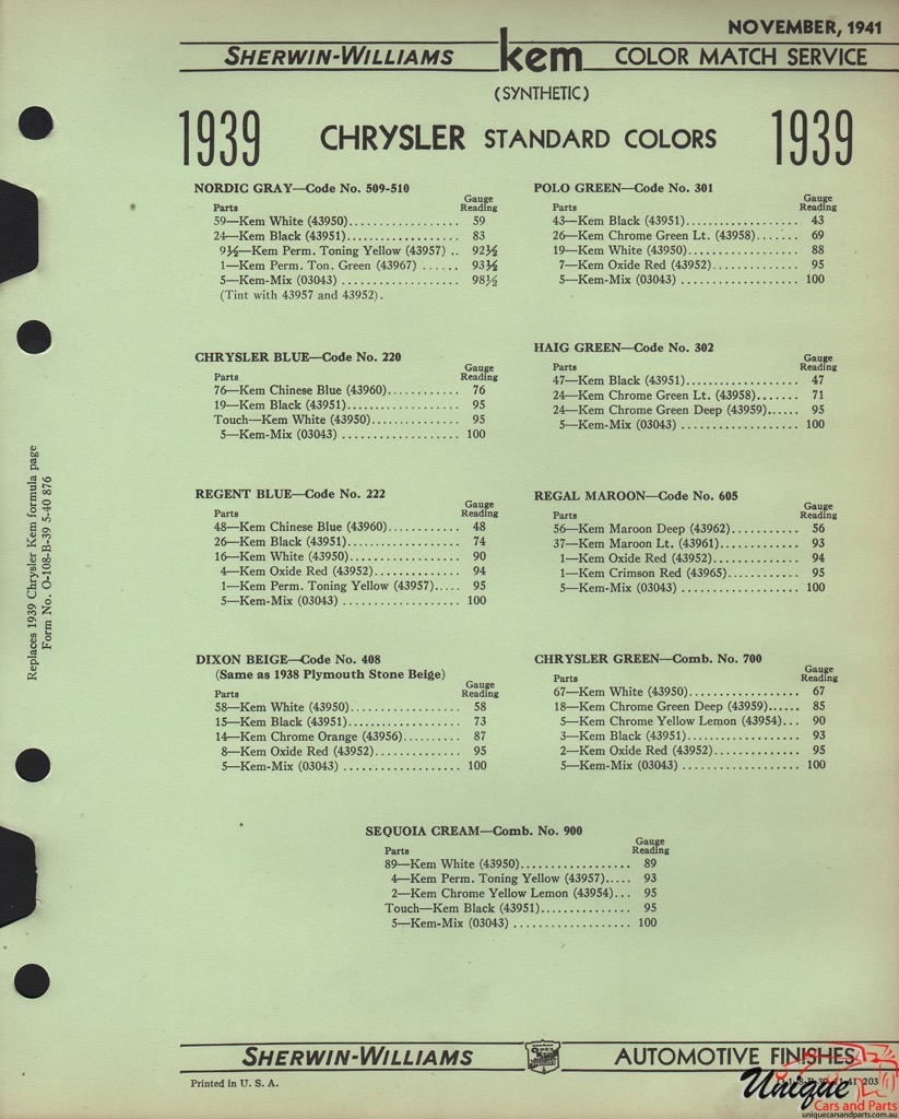 1939 Chrysler Paint Charts Williams 3